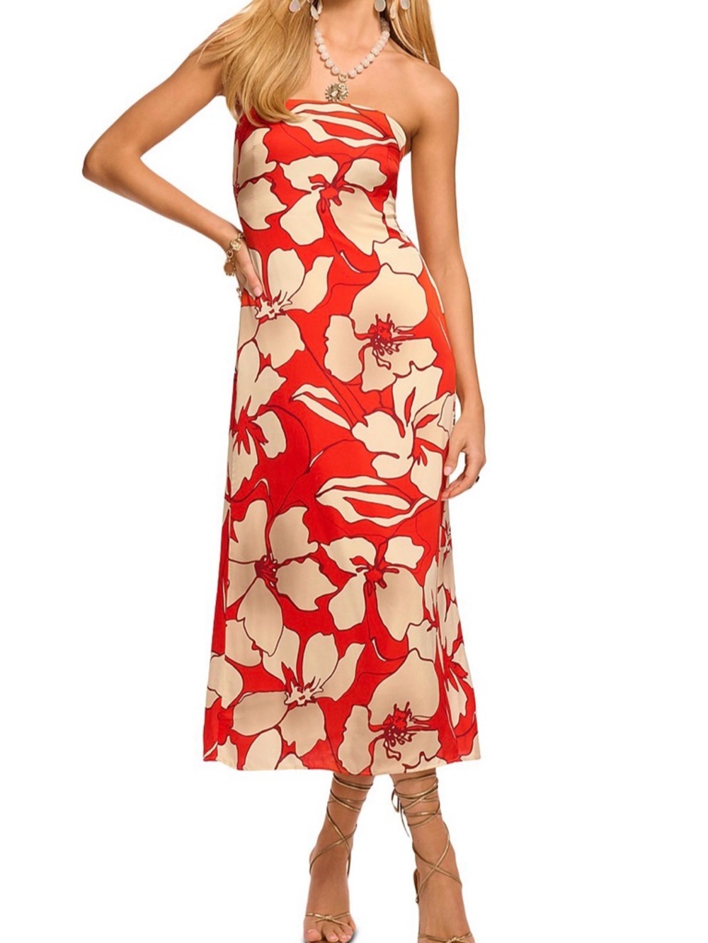Ramy Brook Red and Cream Strapless Floral Midi Dress
